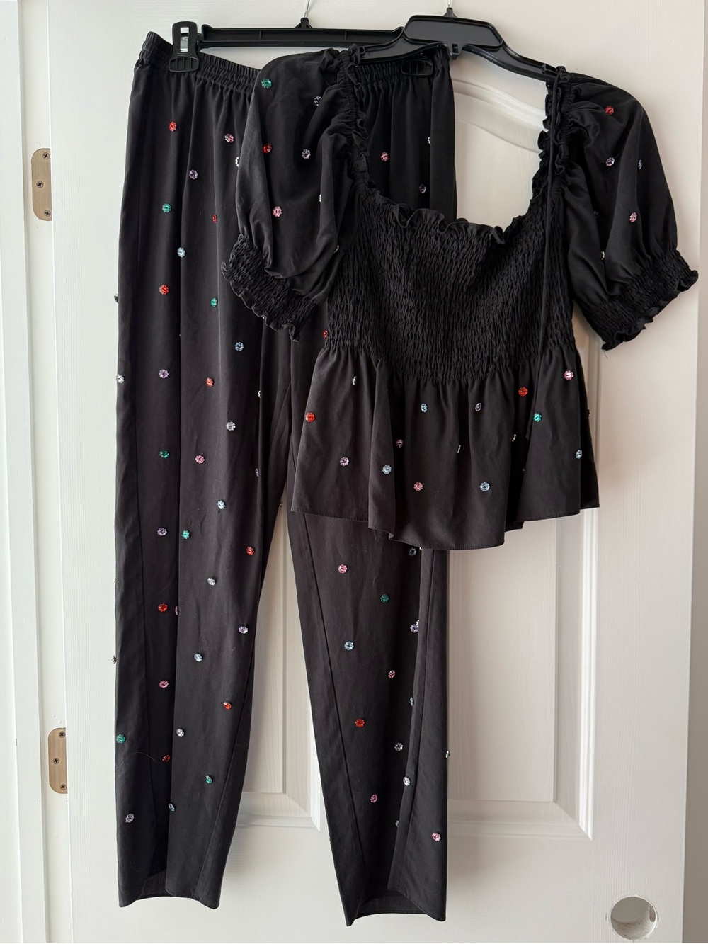 Hill House Black Two-Piece Jewel Jammie Set with Multicolor Embroidered Jewels